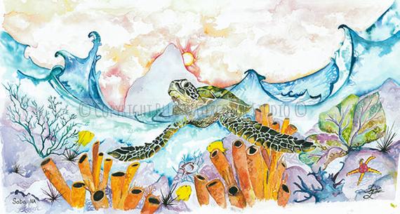 570x305 Sea Turtle Watercolor Print Coral Reef Ocean Life Etsy - Coral Reef Watercolor