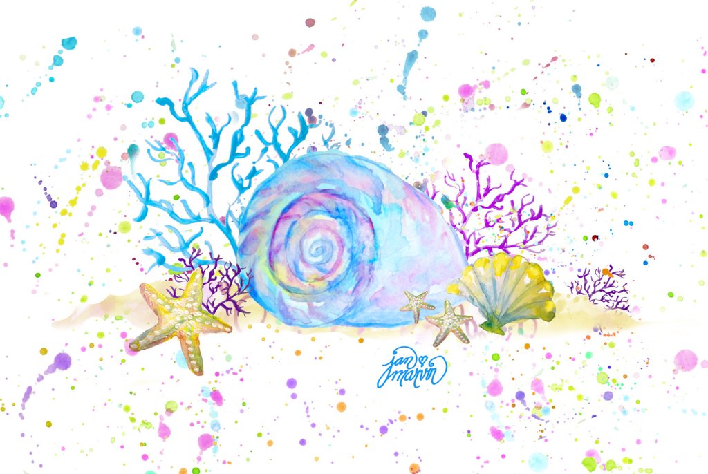 1024x686 Seashells Amp Coral Watercolor Painting Wall Art Print Jan Marvin - Coral Watercolor