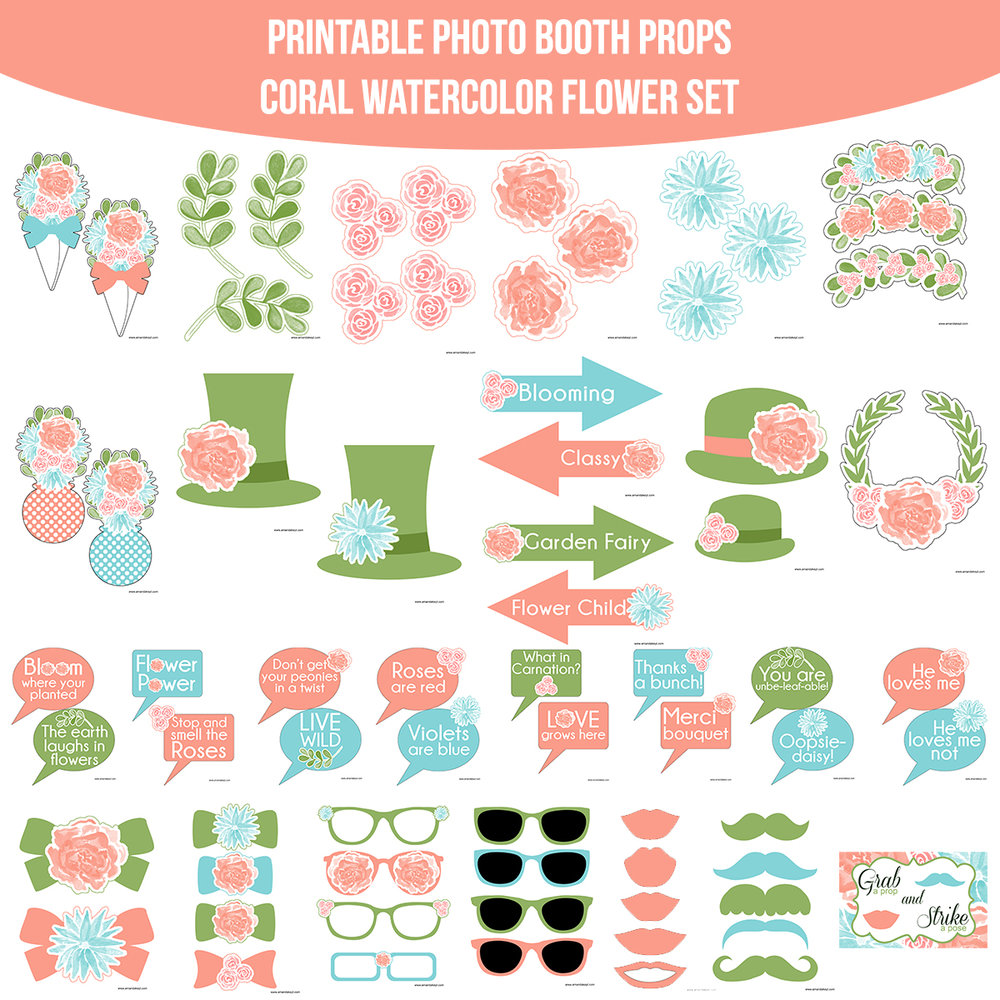 1000x1000 Instant Download Coral Watercolor Flowers Printable Photo Booth - Coral Watercolor Flowers