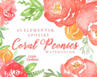340x270 Coral Watercolor Flowers Floral Wreath Clipart Peony Etsy - Coral Watercolor Flowers