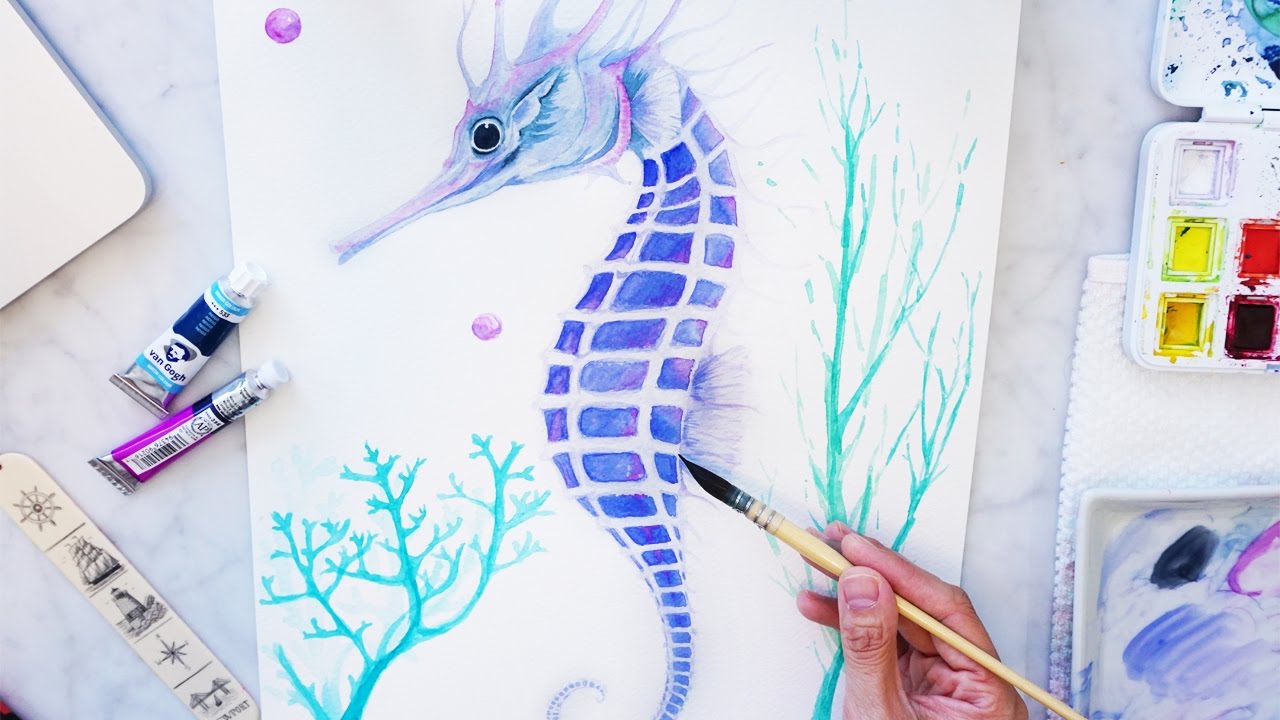 1280x720 Watercolor Seahorse Painting With Seaweed And A - Coral Watercolor Painting