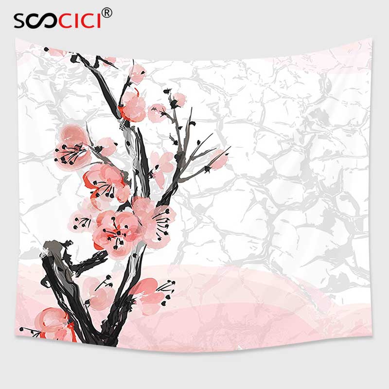 800x800 Cutom Tapestry Wall Hanging,floral Japanese Cherry Blossom Sakura - Coral Watercolor Print