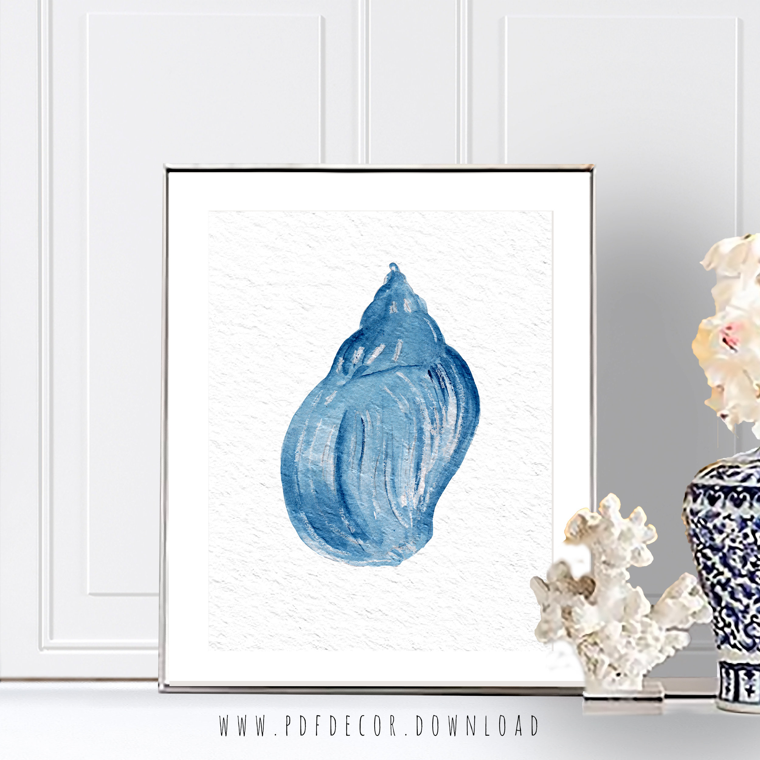 2500x2500 Coastal Art, Coastal Decor, Blue Shell, Blue Watercolor Print - Coral Watercolor Print