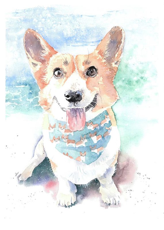 570x800 Corgi, Custom Pet Portrait In Watercolor From Photo, Dog - Corgi Watercolor