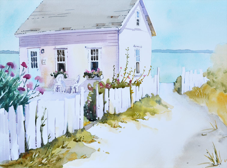 756x560 Island Retreat Cottage Painting - Cottage Watercolor