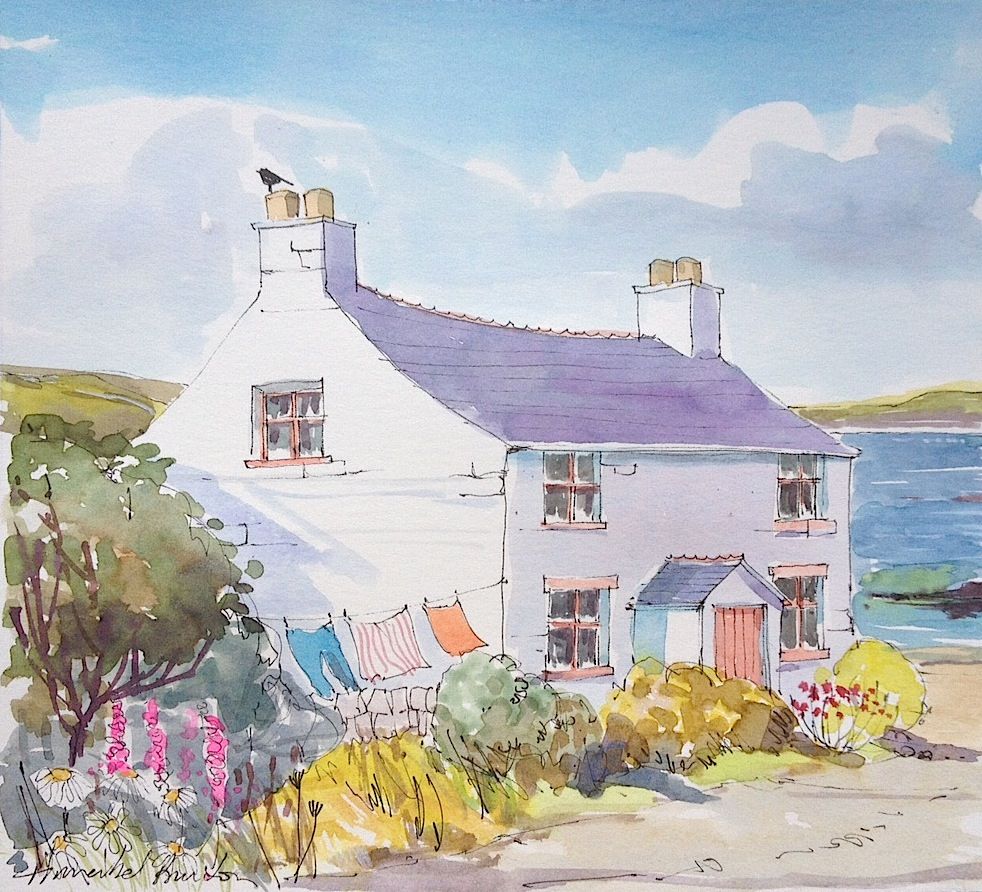 982x892 Seaside Cottage Watercolour Maalauksia In 2018 - Cottage Watercolor