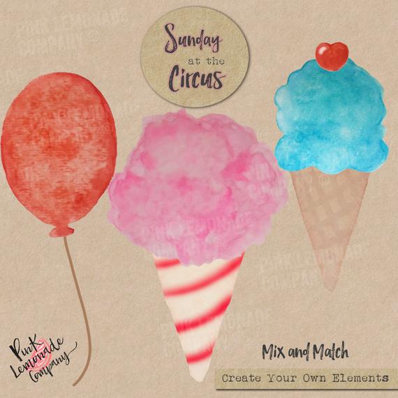 570x570 Watercolor Circus Cotton Candy Balloons Ice Cream Cone Digital Etsy - Cotton Candy Watercolor