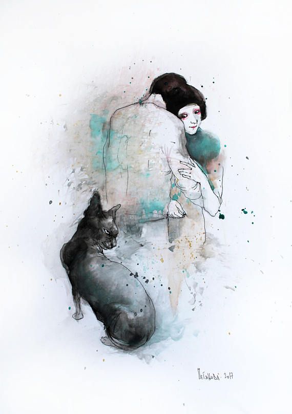 570x806 Love Couple Watercolor Painting Sphynx Cat Watercolor Painting - Couple Watercolor