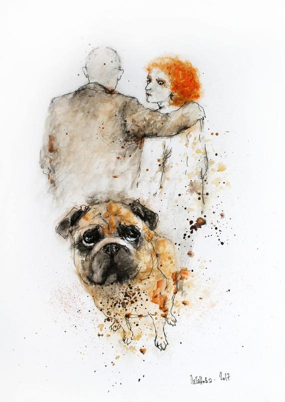 570x804 Love Couple With Pug Original Watercolor Painting Pug Etsy - Couple Watercolor