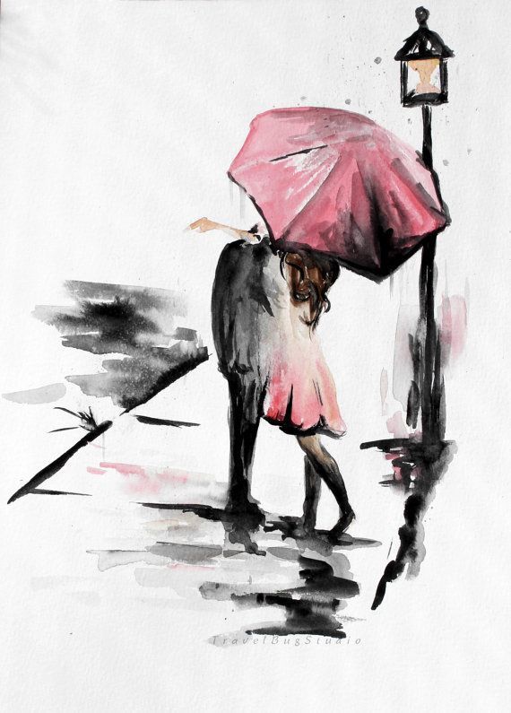 570x795 Couple With Umbrella, Romance Painting, Kissing In The Rain This - Couple Watercolor Painting