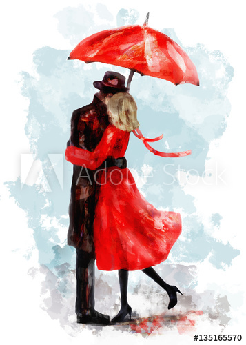 357x500 Romantic Couple Under An Red Umbrella. Kiss. Watercolor Lovely - Couple Watercolor Painting