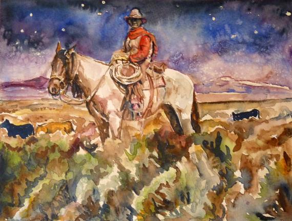 570x433 Starlight Cowboy Watercolor Art Print By Maure Bausch Etsy - Cowboy Watercolor