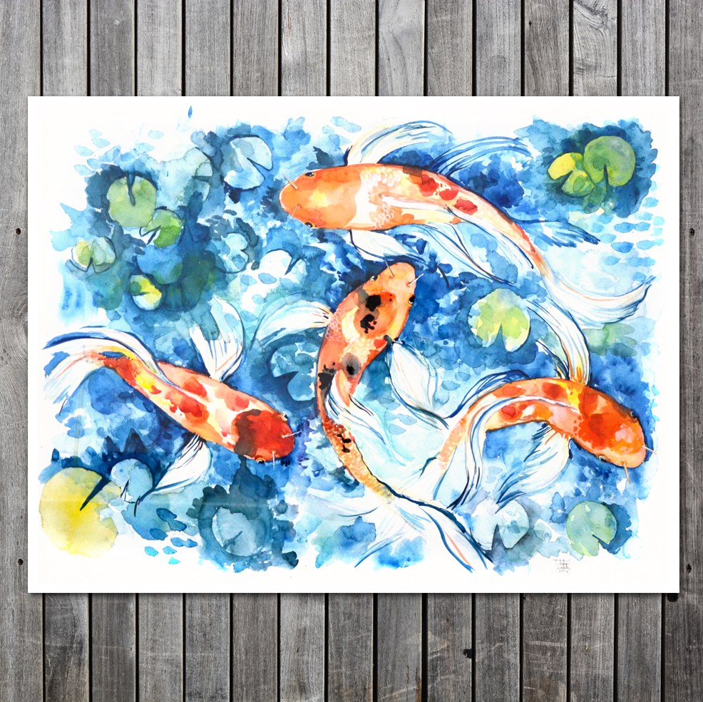 986x985 One Of A Kind Original Illustration By Julie Lehite - Coy Fish Watercolor