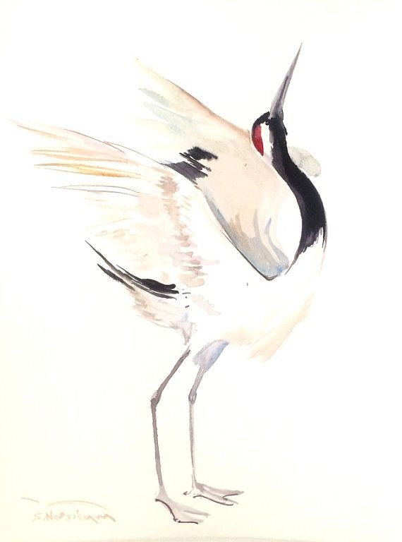 570x768 Japanese Crane Original Watercolor Painting, 12 X 9 In, Black - Crane Watercolor