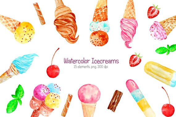 570x380 Ice Cream Clip Art Watercolor Ice Cream Clipart Printable Etsy - Cream Watercolor