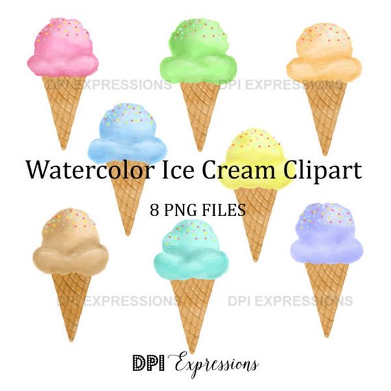 570x570 Ice Cream Clipart, Hand Painted Watercolor Ice Cream Cones - Cream Watercolor