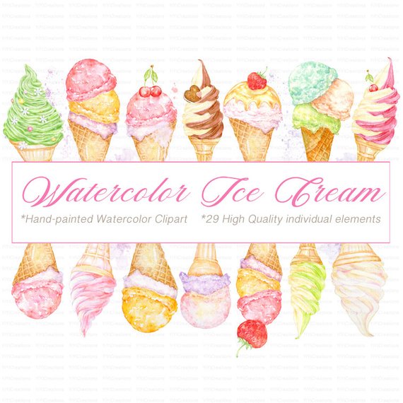 570x570 Watercolor Ice Cream Clipart Summer Treats Illustrations Etsy - Cream Watercolor
