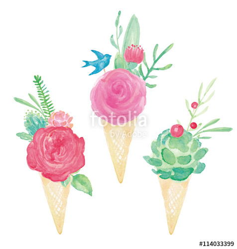 476x500 Watercolor Ice Cream Cone Flower Bouquets Vector Set Stock Image - Cream Watercolor