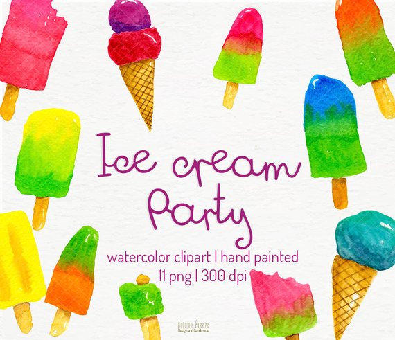 570x491 Watercolor Ice Cream Summer Clipart Summer Party Clipart Etsy - Cream Watercolor