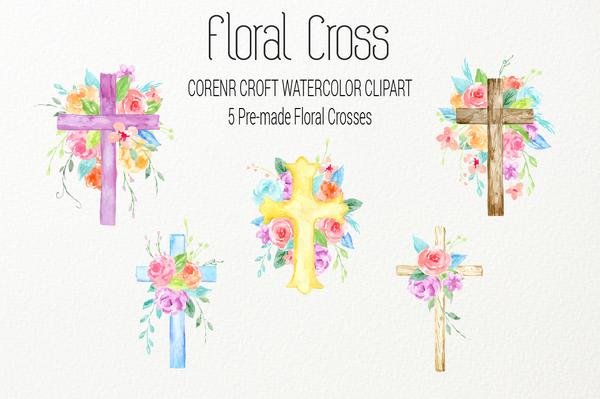 600x399 Watercolor Clipart Floral Cross, Blue, Pink And Purple Crosses - Cross Watercolor