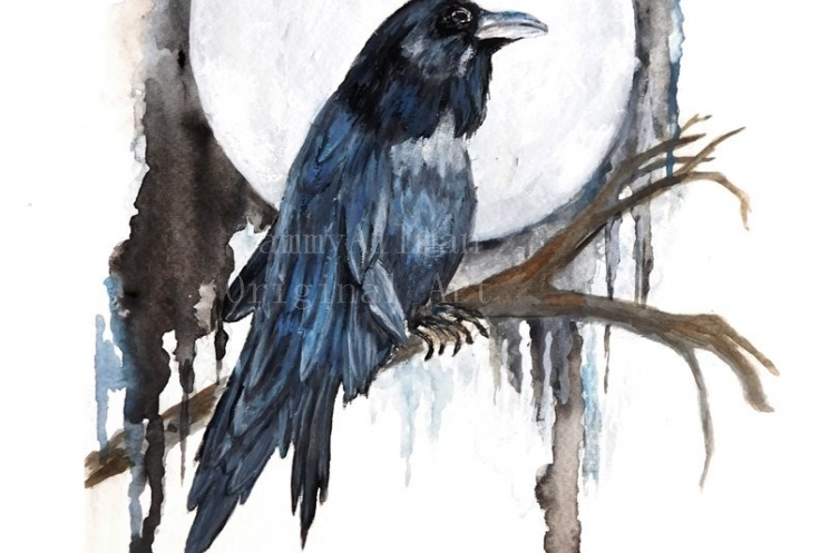 745x497 Raven Watercolor, Blue Moon Raven, Crow Watercolor, Print Of - Crow Watercolor