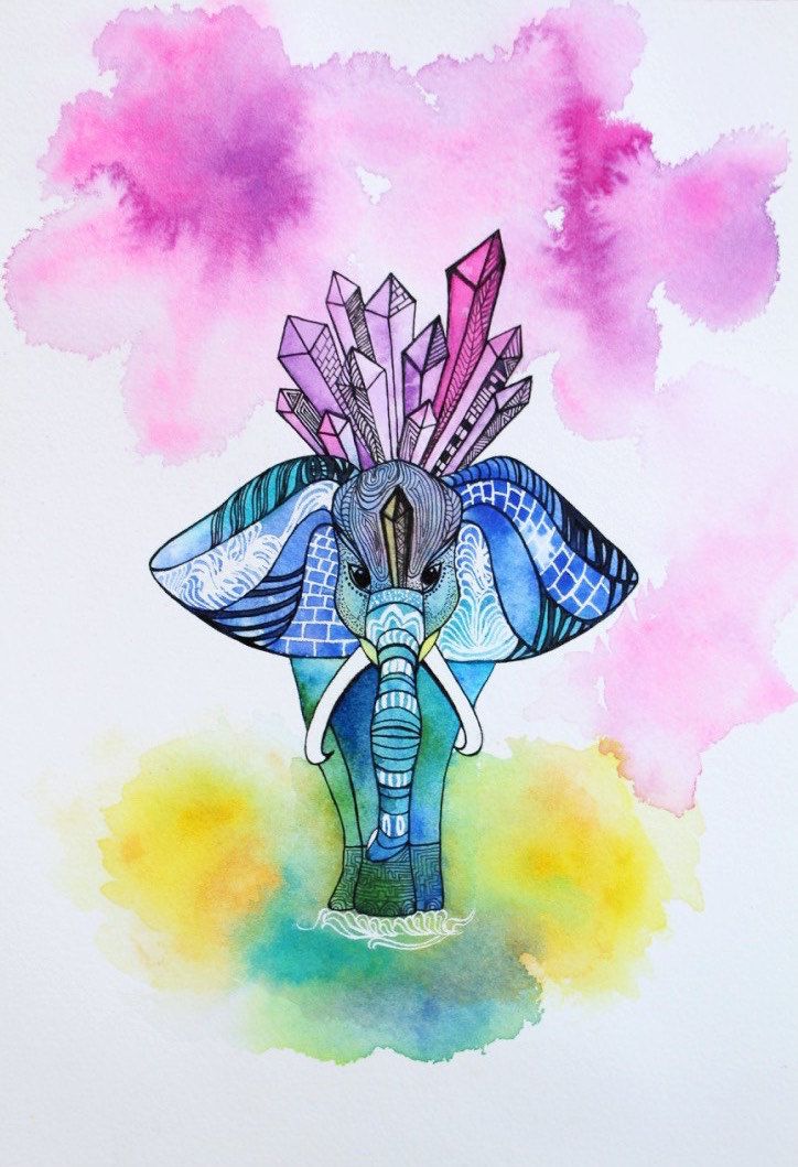 724x1059 Original Watercolor Painting 9x12', Elephant With Crystals - Crystal Watercolor Painting