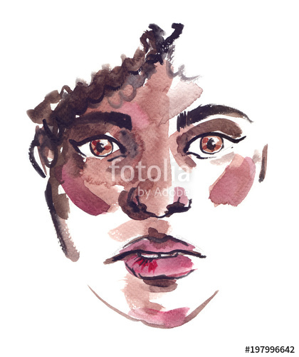420x500 Portrait Of A Worried Black Girl With Curly Hair Painted In - Curly Hair Watercolor