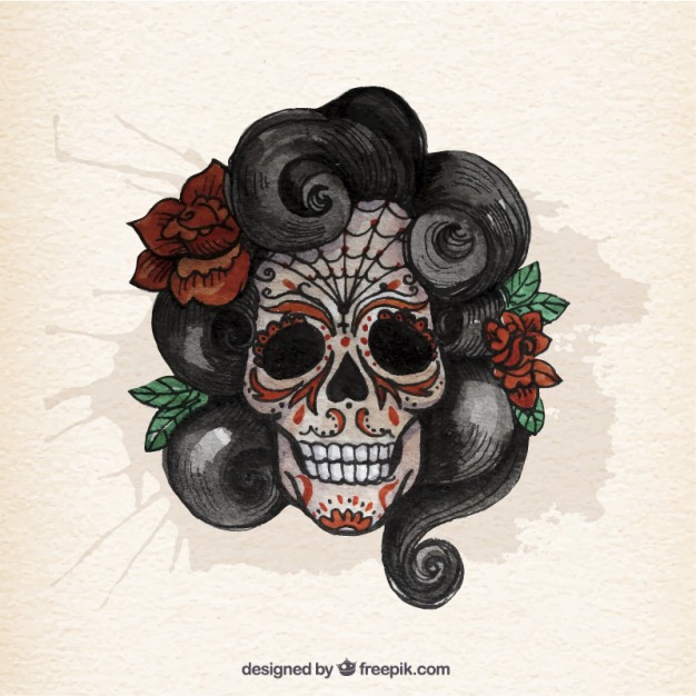 626x626 Watercolor Sugar Skull With Curly Hair Vector Free Download - Curly Hair Watercolor