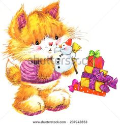 236x246 Cute Cat. Watercolor Funny Cat And Christmas Background With - Cute Cat Watercolor