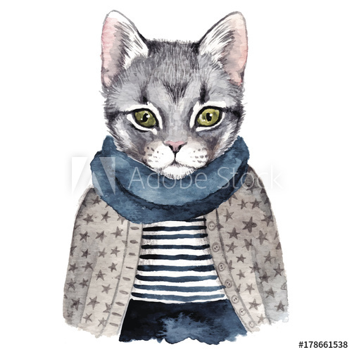 500x500 Cute Cat . Watercolor Hand Drawn Illustration - Cute Cat Watercolor