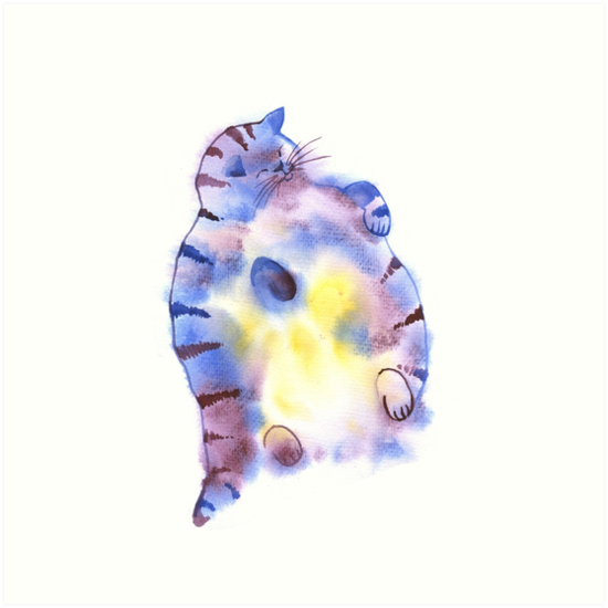 550x550 Funny Fat Cat Watercolor Illustration. Sleeping Cute Cat. Happy - Cute Cat Watercolor