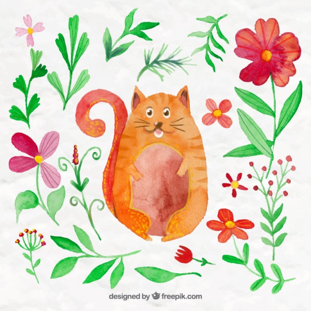 626x626 Watercolor Cute Cat With Flowers And Leaves Vector Free Download - Cute Cat Watercolor