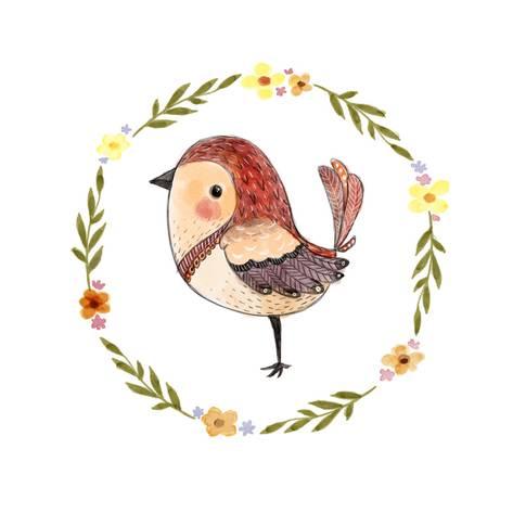 473x473 Cute Watercolor Bird With Floral Wreath. Funny Kids Illustration - Cute Watercolor