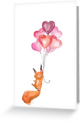 277x415 Cute Watercolor Squirrel Flying With Heart Balloons Greeting - Cute Watercolor