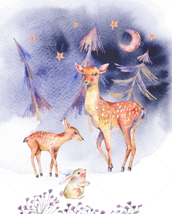 590x732 Watercolor Card With Cute Deer And Fawn By Depiano Graphicriver - Cute Watercolor