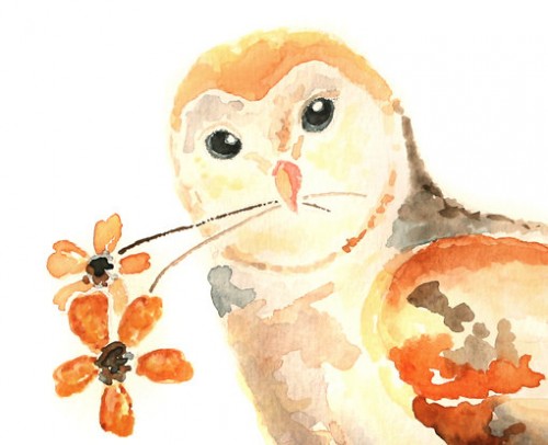 500x406 Cute Owl Art, Owl Watercolor, Owl Decor - Cute Watercolor