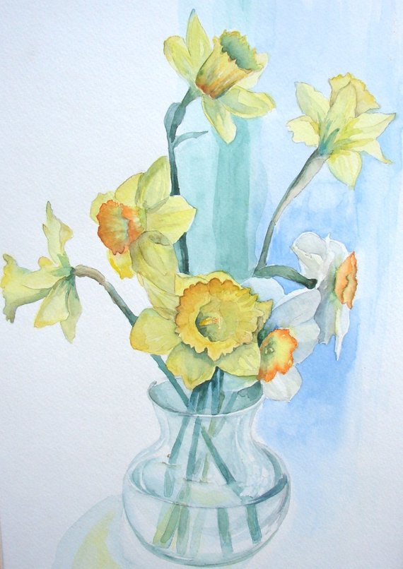 570x806 Daffodil Watercolor Print Yellow And Green 9 X Etsy - Daffodil Watercolor