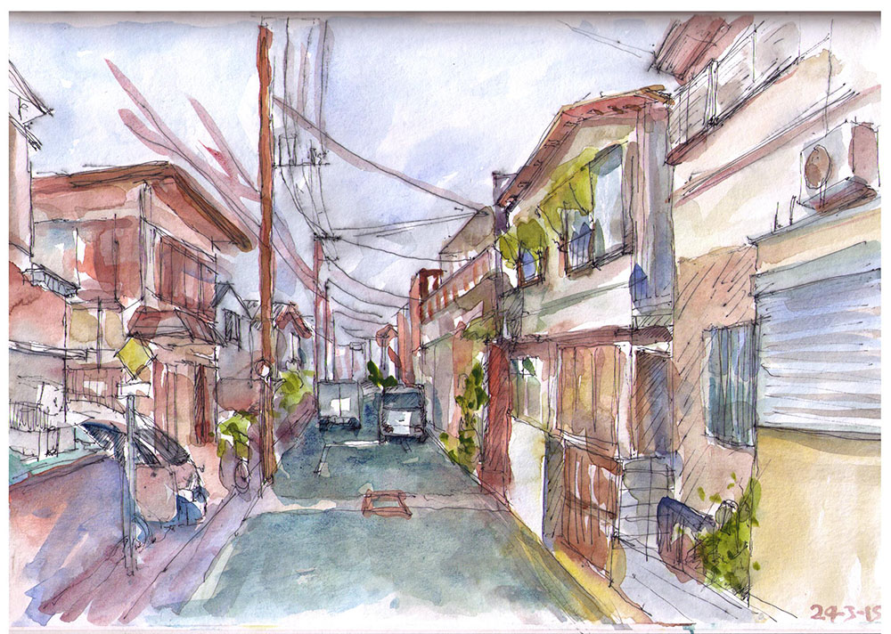 1000x712 Street Perspective In Tokyo In Ballpoint Pen And Watercolor One - Daily Watercolor