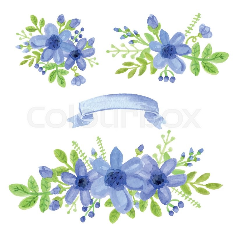 800x800 Watercolor Blue Daisy Flowers,green Branches,leaves In Bouquet Set - Daisy Flower Watercolor