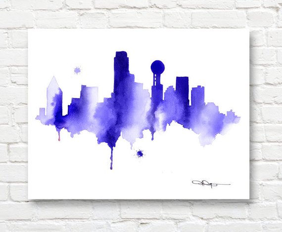570x470 Dallas Skyline Abstract Watercolor Art Print Wall Decor Etsy - Dallas Skyline Watercolor