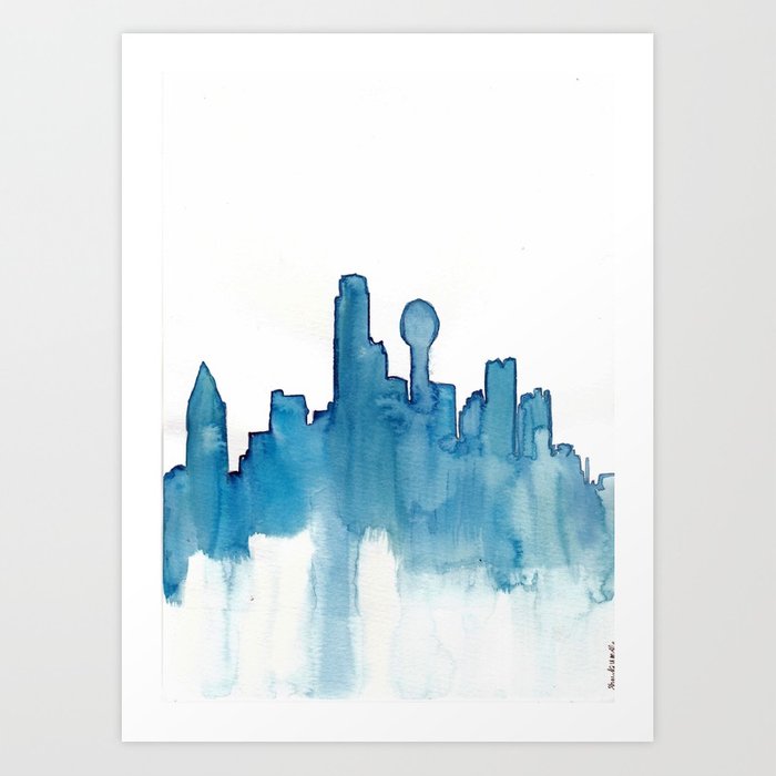 700x700 Dallas Skyline Blue Watercolor Art Print By Shaydakw Society6 - Dallas Skyline Watercolor