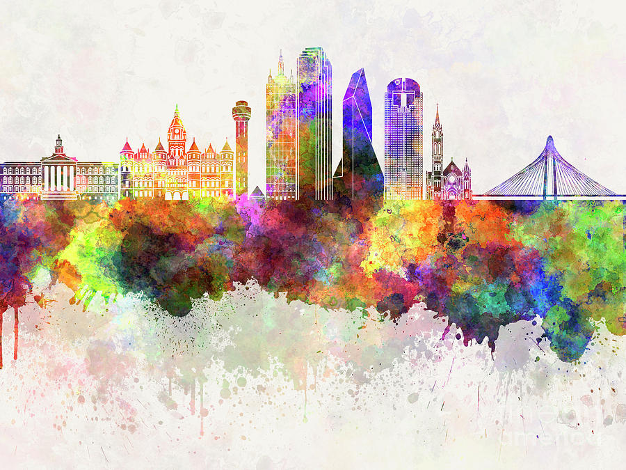 900x675 Dallas Skyline In Watercolor Background Painting By Pablo Romero - Dallas Skyline Watercolor