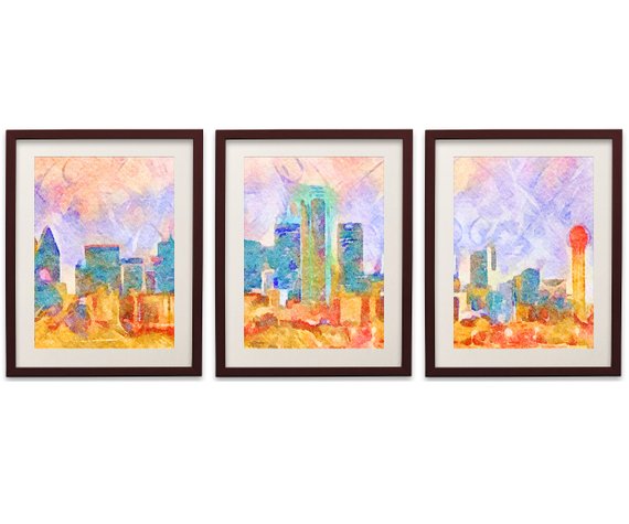 570x475 Dallas Skyline Watercolor Poster Set Of 3 Dallas Cityscape Etsy - Dallas Skyline Watercolor