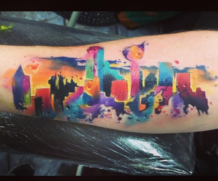 705x585 Dallas Skyline Watercolor Tattoo - Dallas Skyline Watercolor