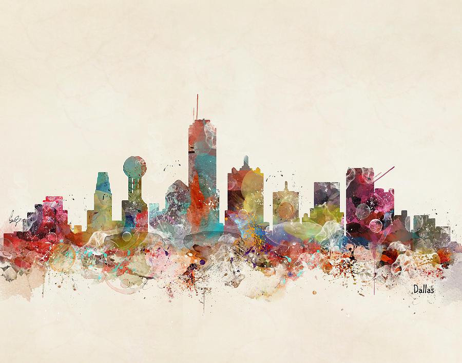 900x707 Dallas Texas Skyline Painting By Bri Buckley - Dallas Skyline Watercolor