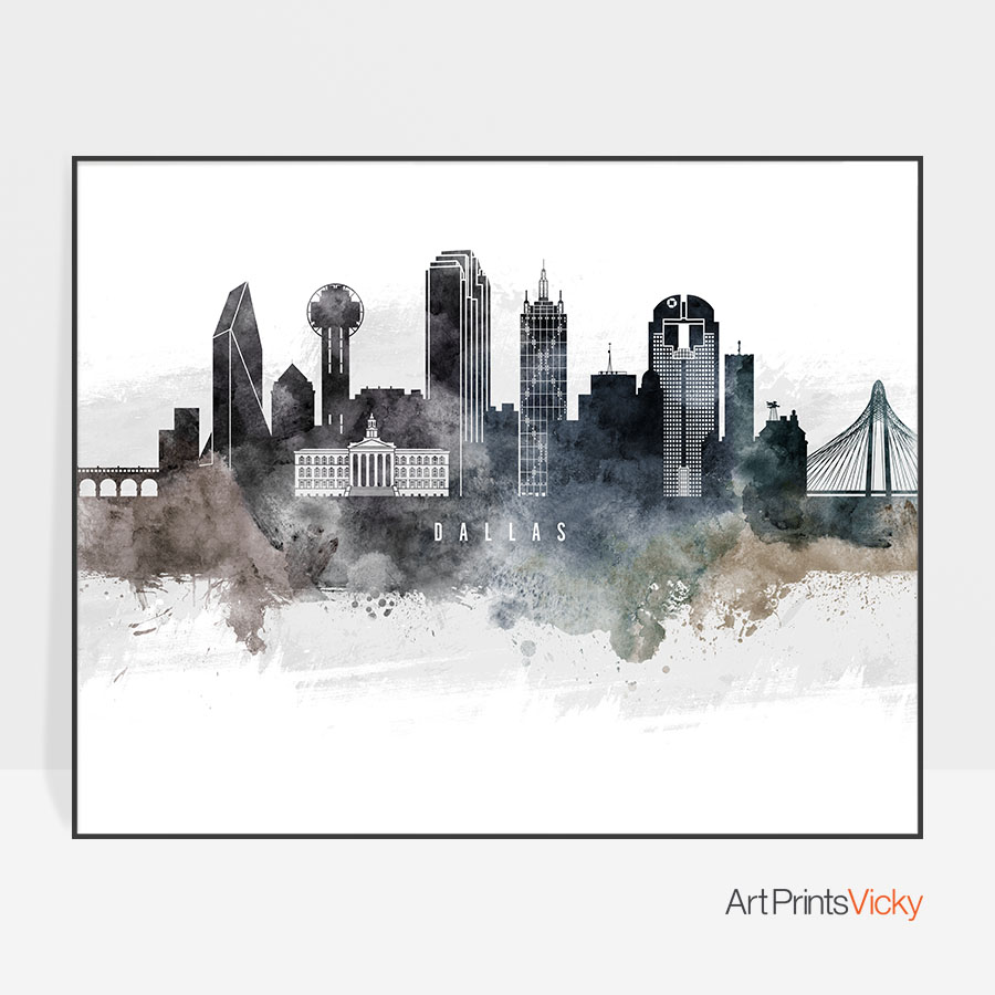 900x900 Dallas Art Poster Watercolor Artprintsvicky - Dallas Skyline Watercolor