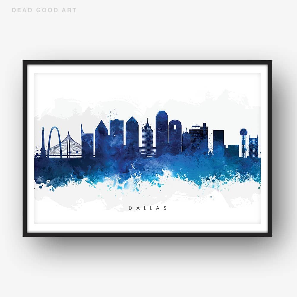 1000x1000 Dallas Skyline, Blue Watercolor Print Dead Good Art - Dallas Skyline Watercolor
