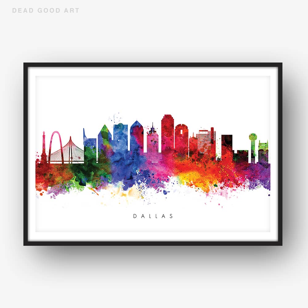 1000x1000 Dallas Skyline, Multi Color Watercolor Print Dead Good Art - Dallas Skyline Watercolor