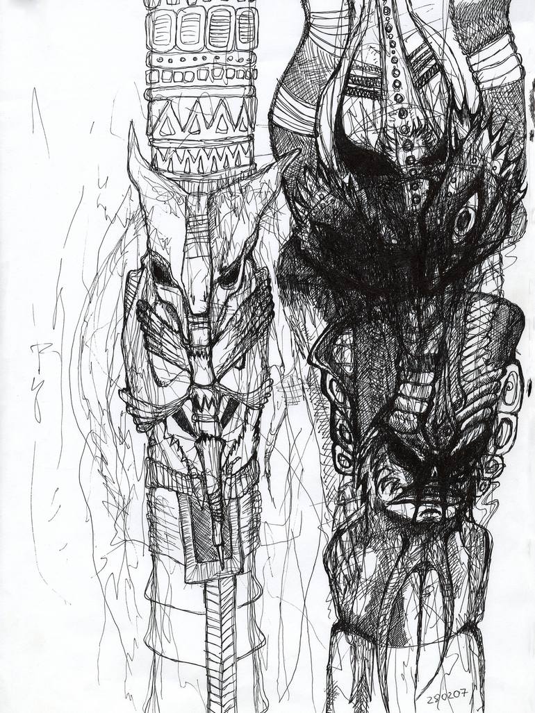 770x1027 Egypt Demons Astral Visionary Ink Watercolor Painting - Dark Watercolor Painting