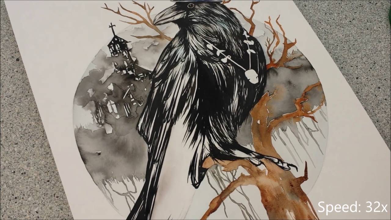 1280x720 Dark Raven - Dark Watercolor Painting